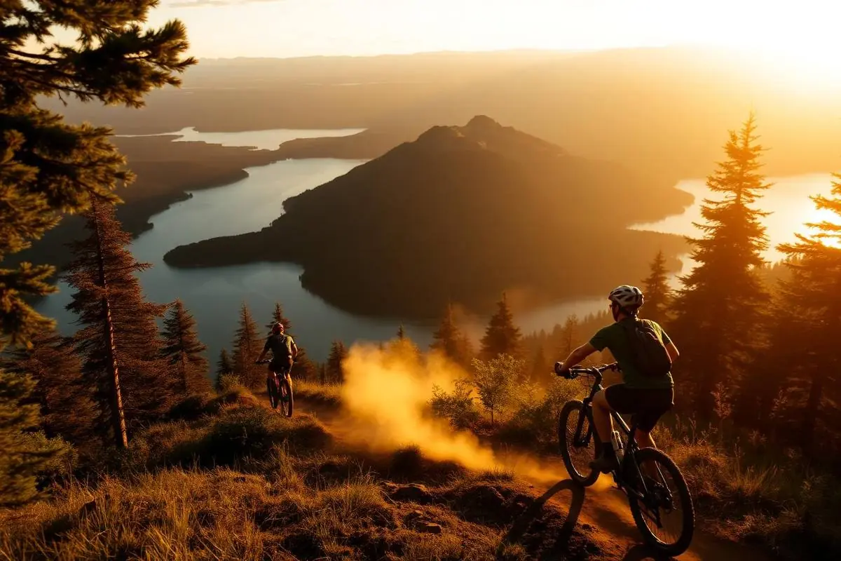 Mountain bikers riding a ridgeline trail above a lake at sunset