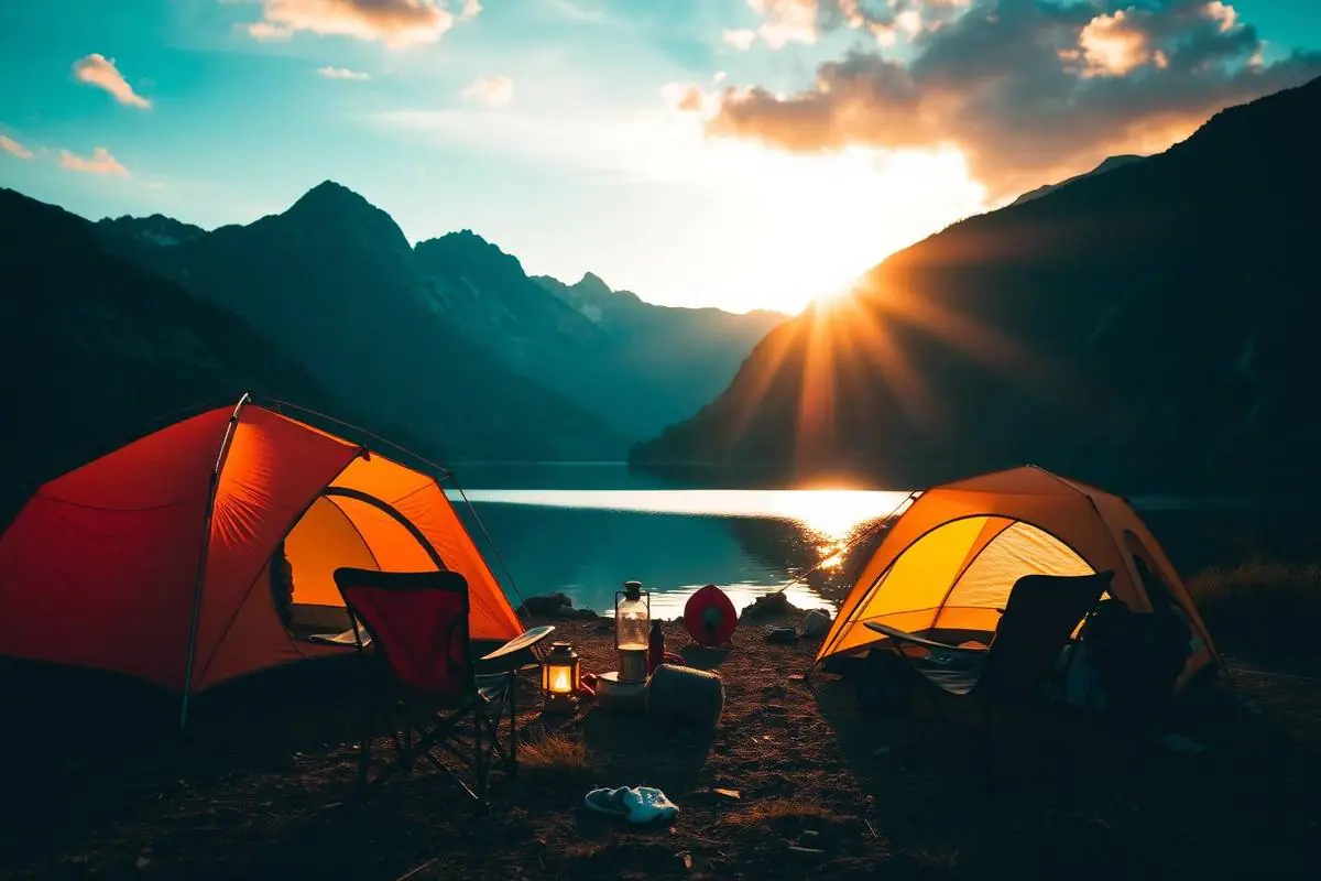 Warm glow of a lakeside campsite at dusk with a tent pitched on the shore