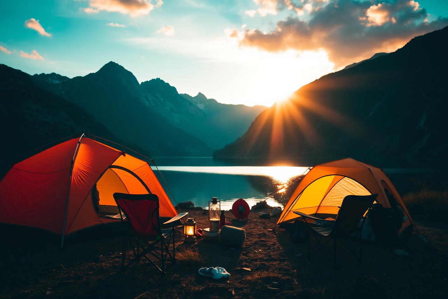 A lakeside campsite glowing at sunset with mountain backdrop