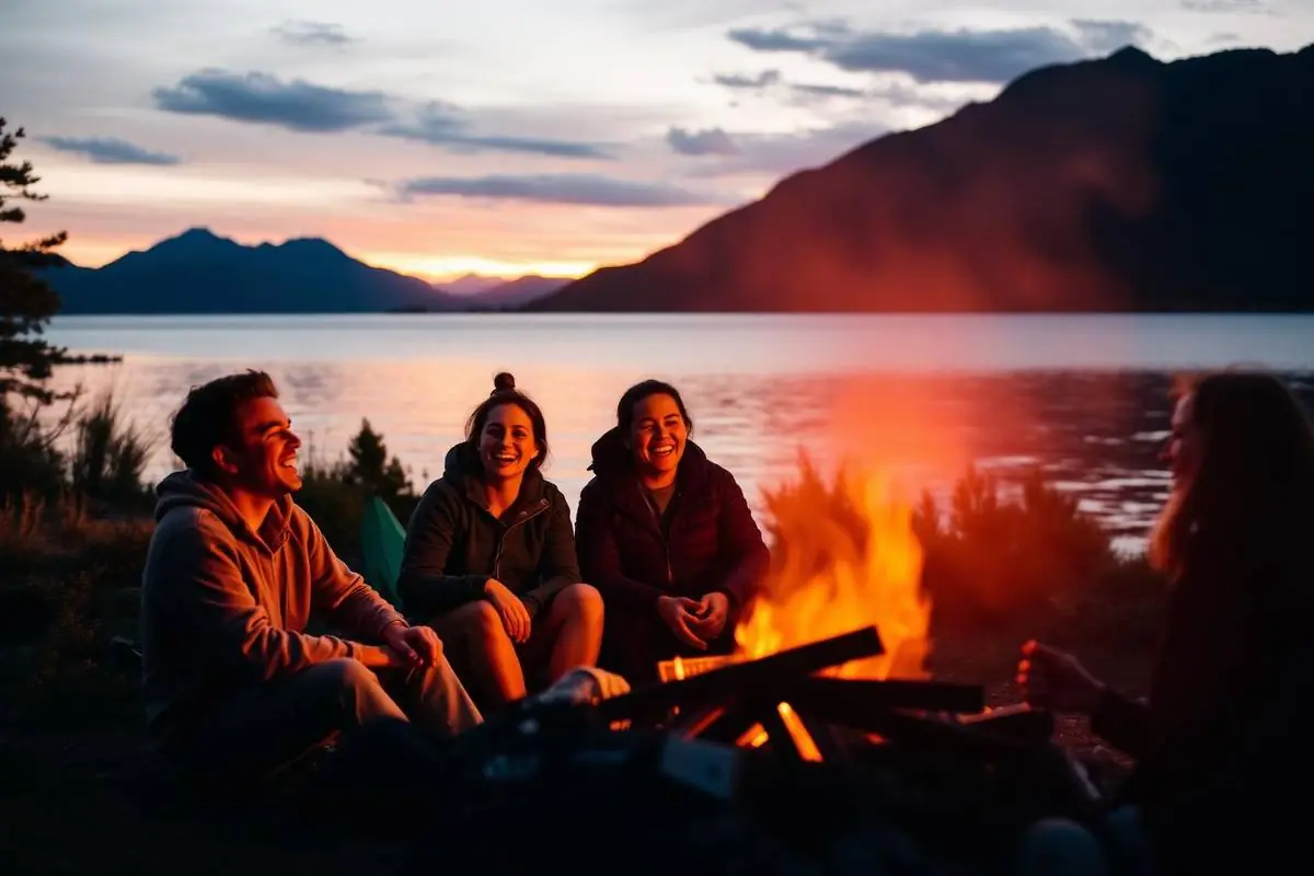 Friends laughing and sharing stories around a lakeside campfire at sunset