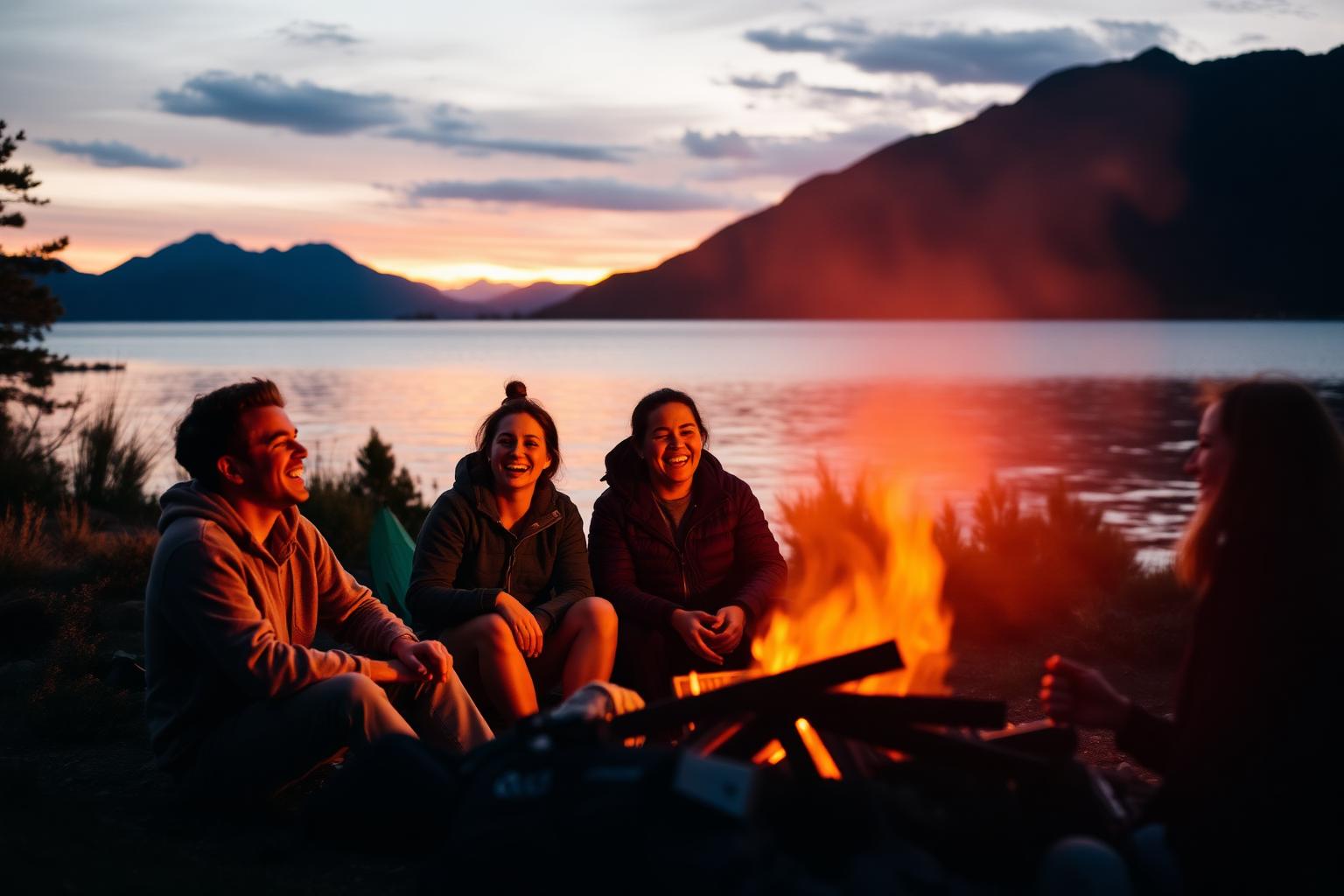 Friends laughing and sharing stories around a lakeside campfire at sunset