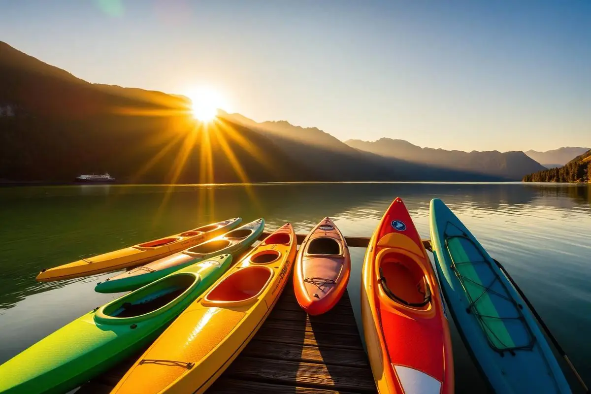 Colorful kayaks and paddles lined up on a lakeside dock at sunrise