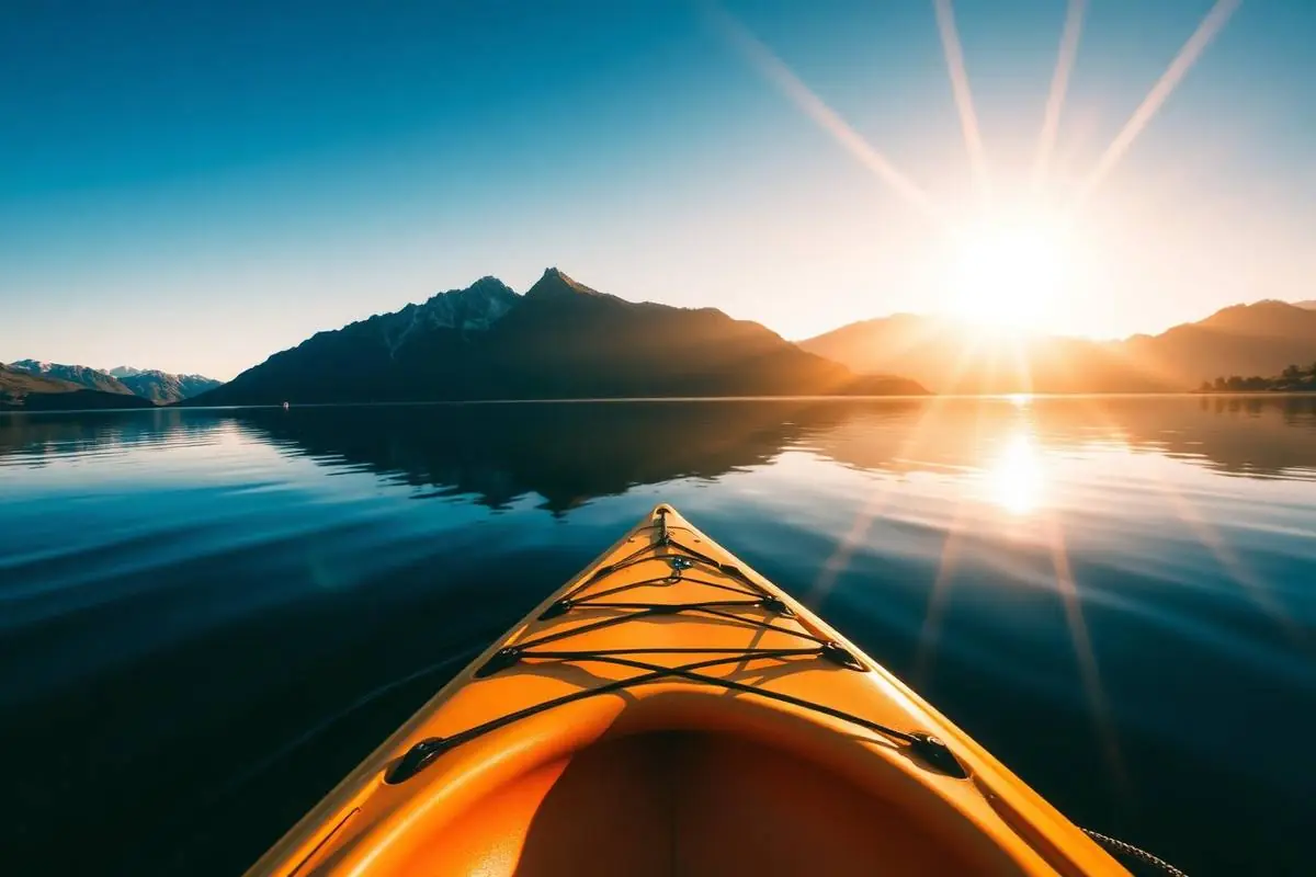 First-person view from a kayak crossing a mirror-still alpine lake at sunrise