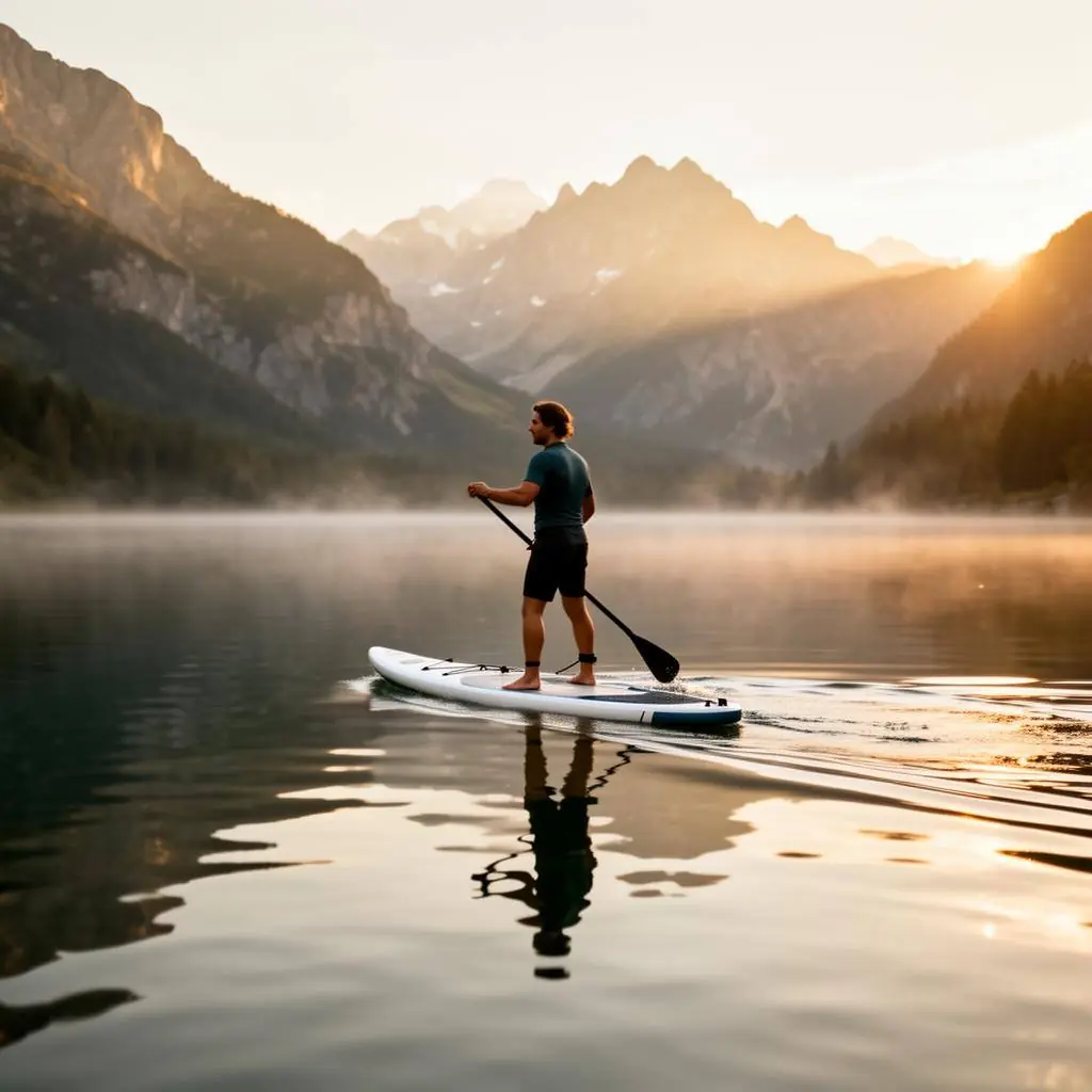 Stand-up paddleboarder gliding across a glassy alpine lake at golden hour with mountains behind